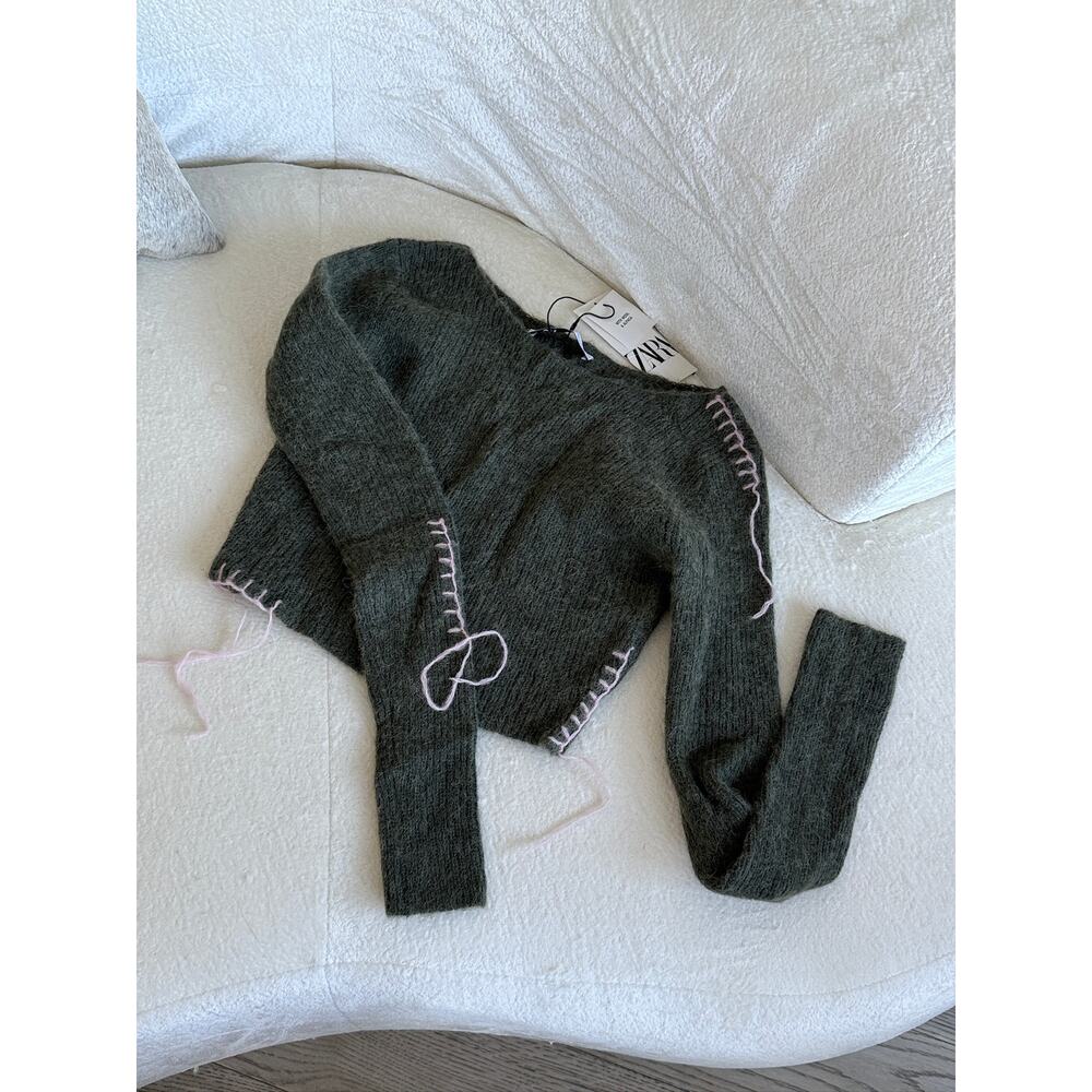 Zara Wool Alpaca Green Pink Stitch Cropped Sweater